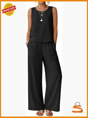 Women's 2 Piece Linen Outfit Sleeveless Crop Tank & High Waist Pants